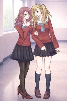 Rule 34 | artist name, before crisis: final fantasy vii, black pantyhose, black skirt, black socks, blonde hair, blue neckerchief, breasts, brown eyes, brown hair, brown shoes, cissnei, elena (ff7), final fantasy, final fantasy vii, finger to mouth, full body, green eyes, high heels, holding another's arm, indoors, loafers, long hair, looking at viewer, medium breasts, neckerchief, open mouth, pantyhose, pleated skirt, rana (re cis), red shirt, sailor collar, school, school uniform, shirt, shoes, skirt, socks, twintails, twitter username, white sailor collar