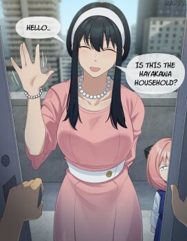 1boy adoptive_parent_and_adoptive_child anya_(spy_x_family) black_hair breasts commentary dress earrings english_commentary gold_earrings hairband hairpods highres jewelry large_breasts long_hair looking_at_viewer multiple_girls pov pov_hands rappa_(sirrappa) sidelocks smile spy_x_family white_hairband yor_briar