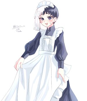 1boy alternate_costume apron asagiri_gen black_dress black_hair blue_eyes blush dr._stone dress eerika1114 enmaided highres long_sleeves looking_at_viewer maid maid_apron maid_day maid_headdress multicolored_hair open_mouth puffy_sleeves short_hair skirt_hold smile solo split-color_hair sweatdrop two-tone_hair white_apron white_background white_hair