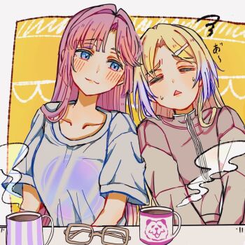 Rule 34 | 2girls, anyoji hime, anyoji hime (summer loungewear), blonde hair, blue eyes, brown-framed eyewear, brown shirt, coffee mug, commentary request, cup, gradient hair, link! like! love live!, long sleeves, looking at another, love live!, mira-cra park!, mug, multicolored hair, multiple girls, neko raa men, osawa rurino, osawa rurino (summer loungewear), pink hair, purple hair, shirt, short sleeves, t-shirt, unworn eyewear, upper body, virtual youtuber, white shirt, yellow background