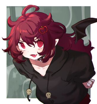 1girl :d @_@ ahoge black_hoodie border collar commission commissioner_upload detached_wings fang felicitee_(utatatane) floating_clothes furrowed_brow green_background hair_horns hakusai_(ann_ali_li) hands_on_own_hips highres hood hoodie leaning_forward long_hair looking_at_viewer non-web_source open_mouth original red_eyes red_hair skeb_commission skin_fang smile solo spiked_collar spikes upper_body white_border wings