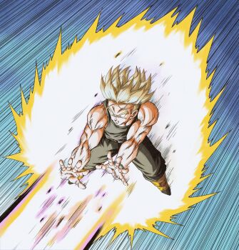 1boy aura black_pants black_shirt blonde_hair boots clenched_teeth dragon_ball dragonball_z galick_gun highres male_focus motion_lines muscular muscular_male nagare_seiya pants shirt short_hair solo speed_lines spiked_hair super_saiyan teeth trunks_(dragon_ball) trunks_(future)_(dragon_ball)