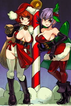 2girls alex_ahad ayane_(doa) bag bare_shoulders boots breasts brown_eyes brown_hair candy candy_cane christmas cleavage dead_or_alive dress elbow_gloves food gloves hat kasumi_(doa) lips long_hair looking_at_viewer multiple_girls panties pelvic_curtain purple_hair red_eyes santa_hat short_hair siblings sisters sleeveless snow thighhighs underwear