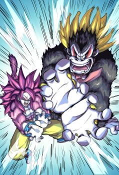 2boys alternate_form attack big_hair black_fur blue_background blue_boots boots commentary crossover donkey_kong donkey_kong_(series) donkey_kong_bananza dragon_ball dragon_ball_daima emphasis_lines english_commentary gorilla highres kamehameha_(dragon_ball) kartunicban kong_bananza look-alike monkey_boy monkey_tail multiple_boys muscular necktie nintendo open_mouth orange_pants outstretched_arms pants red_fur red_hair red_necktie spiked_hair super_saiyan super_saiyan_4 tail teamwork teeth yellow_eyes