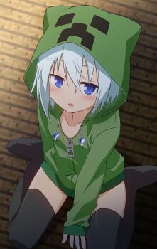 1girl absurdres black_thighhighs blue_eyes blush breasts cleavage commentary_request commission creeparka creeper curakuru green_hoodie highres hood hoodie humanization long_sleeves looking_at_viewer minecraft naked_hoodie short_hair sitting skeb_commission small_breasts smile solo thighhighs thighs variant_set wariza white_hair zipper