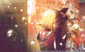 1girl 25-ji_rin ao_dai artist_collaboration blonde_hair bow_hairband bubble closed_eyes clothing_cutout colorful_palette diamond_cutout dress game_cg hairband highres kagamine_rin kuuhaku_no_canvas_ni_egaku_watashi_wa_(project_sekai) kuwabara_(mola_8) light_rays lips official_alternate_costume official_art painting_(object) profile project_sekai red_dress solo vocaloid water_drop