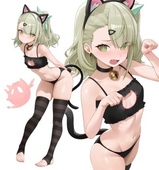 1girl absurdres alternate_costume animal_cutout animal_ear_fluff animal_ears animal_hairband arms_behind_back bell black_bra black_choker black_hairband black_panties black_thighhighs blunt_bangs blush bra breasts cat_cutout cat_ears cat_girl cat_lingerie cat_pose cat_tail choker cleavage_cutout closed_mouth clothing_cutout commentary_request earrings fake_animal_ears fake_tail fang feet fingernails frilled_bra frills green_eyes green_hair hair_ornament hairband hairclip hands_up highres jewelry jingle_bell kemonomimi_mode leaning_forward loli looking_at_viewer medium_hair multiple_views musical_note_earrings nail_polish navel neck_bell one_side_up open_mouth panties paw_pose simple_background small_breasts solo stirrup_legwear striped_clothes striped_thighhighs sunna_(zenless_zone_zero) tail thighhighs toeless_legwear toenails toes underwear underwear_only weimiaw white_background zenless_zone_zero