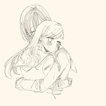 2girls blush ceras_yanagida_lilienfeld closed_mouth dress edel_note greyscale hair_ribbon hasu_no_sora_school_uniform highres hug jellyfish_cut katsuragi_izumi link!_like!_love_live! long_hair long_sleeves love_live! monochrome multiple_girls mutual_hug ribbon sailor_collar sailor_dress school_uniform shin_(shnnnnrn1) simple_background sweatdrop virtual_youtuber white_background winter_uniform