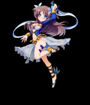 1girl absurdres arm_up bell black_background blue_eyes blush breasts brown_hair cleavage closed_mouth clothing_cutout dancer flower full_body grey_sandals hair_flower hair_ornament highres holding holding_weapon large_breasts leaning_back leotard long_sleeves merc_storia merc_storia_art_team nafur_(merc_storia) navel navel_cutout official_art open_hand sandals sidelocks simple_background skirt solo standing standing_on_one_leg tachi-e thighs weapon white_skirt