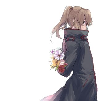 Rule 34 | 1boy, arms behind back, black coat, brown hair, coat, commentary request, flower, from side, high collar, highres, holding, holding flower, long hair, looking at viewer, male focus, minashiro soushi (2), ponytail, shioma (akashio ulk), simple background, solo, soukyuu no fafner, white background
