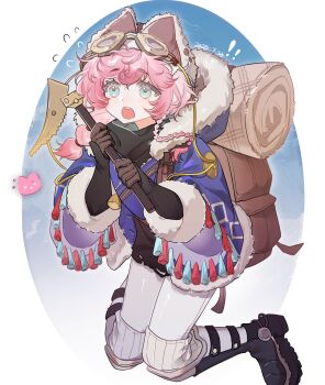 ! !! 1girl absurdres backpack bag baizangze black_boots black_gloves black_sweater blue_background blue_eyes boots brown_bag brown_hat coat dated flying_sweatdrops full_body fur-trimmed_coat fur_trim gloves goggles goggles_on_headwear hat highres holding holding_pickaxe hood hooded_coat kneeling long_braid looking_up nautika_(reverse:1999) open_mouth oval_background pants pickaxe pink_hair purple_coat reverse:1999 solo sweater trapper_hat two-handed two-tone_background white_background white_pants