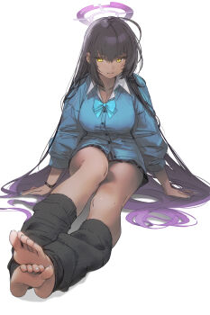 1girl absurdres ahoge aqua_bow aqua_bowtie barefoot black_hair black_skirt black_socks blue_archive blue_cardigan bow bowtie breasts cardigan commentary dark-skinned_female dark_skin dress drive_shot gradient_hair halo highres karin_(blue_archive) karin_(school_uniform)_(blue_archive) long_hair looking_at_viewer loose_bowtie loose_socks medium_breasts miniskirt multicolored_hair official_alternate_costume open_collar pleated_dress purple_hair shirt sitting skirt socks soles solo straight_hair toes very_long_hair white_shirt yellow_eyes
