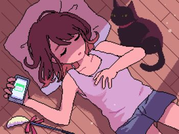 1girl animated animated_gif black_cat blue_shorts brown_hair cat cat_teaser cellphone collar collarbone from_above holding holding_phone looping_animation lying nanami_yuki_(yuki77mi) on_back on_floor original phone pillow pixel_art red_collar shirt short_hair shorts sleeping sleeveless sleeveless_shirt smartphone white_shirt wooden_floor