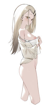 1girl absurdres bare_shoulders blonde_hair bottomless breasts camisole camisole_pull closed_mouth clothes_pull commentary_request cropped_legs dongye1551 earrings from_side gakuen_idolmaster hair_ornament hairclip highres idolmaster inverted_nipples jacket jewelry long_hair long_sleeves looking_at_viewer looking_to_the_side open_clothes open_jacket orange_eyes pulling_own_clothes shinosawa_hiro simple_background small_breasts smile solo strap_slip stud_earrings white_background white_camisole white_jacket wristband