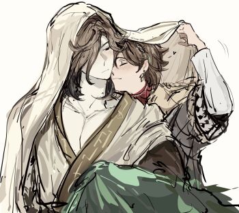 2boys arm_up bird_wings bishounen black_eyes blush brown_hair chinese_clothes closed_eyes closed_mouth coat commentary facing_away feathered_wings getian_(reverse:1999) green_wings hanfu harpy_boy highres long_hair long_sleeves looking_at_another male_focus monster_boy multiple_boys name_day_(reverse:1999) reverse:1999 simple_background smile tmor1999 upper_body veil white_background winged_arms wings yaoi yellow_hanfu