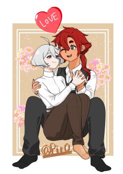 2girls 715piro_gon absurdres artist_name between_legs black_pants black_socks black_vest blue_eyes brown_pants brown_socks collared_shirt commentary english_text flower grey_eyes gundam gundam_suisei_no_majo heart highres holding interlocked_fingers long_hair miorine_rembran multiple_girls one_eye_closed open_mouth pants pink_flower ponytail red_hair shirt short_hair smile socks suletta_mercury thick_eyebrows vest watermark white_hair white_shirt yuri