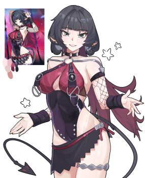 1girl absurdres animal_ears black_hair black_one-piece_swimsuit breasts fishnet_sleeves fishnets green_eyes hashtag-only_commentary highres jane_doe_(nocturne_of_light)_(zenless_zone_zero) jane_doe_(zenless_zone_zero) kurokoi_art large_breasts long_hair looking_at_viewer mouse_ears mouse_girl mouse_tail official_alternate_costume one-piece_swimsuit red_hair reference_inset simple_background smile solo swimsuit tail very_long_hair white_background zenless_zone_zero