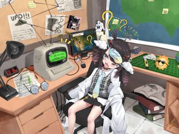 1girl absurdres alaska black_chair black_hair book bunny_girl clock coat computer desk glasses highres huge_filesize indie_virtual_youtuber kamiru_runa lab_coat lamp loli long_sleeves necktie open_mouth questbar sitting solo texas ufo virtual_youtuber white_coat
