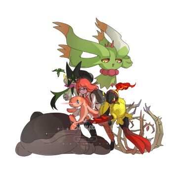 1girl 2others :3 :d alternate_color armarouge armor black_eyes black_skin brambleghast bright_pupils cape clodsire colored_sclera colored_skin commission fire flutter_mane full_body glasses green_fur green_hair highres holding looking_at_another mask meowscarada multiple_others naranja_academy_school_uniform necktie nintendo open_mouth orange_necktie orange_shorts pokemon pokemon_(creature) pokemon_sv red_eyes red_hair red_sclera robinlovesop school_uniform shiny_pokemon shorts simple_background smile standing tatsugiri white_background white_pupils yellow_eyes