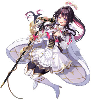 1girl azki_(hololive) black_hair blush boots breasts cape colored_inner_hair dress fur-trimmed_cape fur_trim gold_trim hand_on_own_chest highres holding holding_microphone hololive long_sleeves looking_at_viewer medium_breasts microphone microphone_stand multicolored_hair musical_staff open_mouth pink_hair purple_eyes ribbon smile solo thigh_boots unkai_amane white_cape white_dress white_ribbon