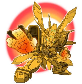 aitsugawa_rui bakunetsu_god_finger commentary g_gundam glowing glowing_eyes glowing_hand god_gundam green_eyes gundam highres hyper_mode_(gundam) mecha mecha_focus no_humans robot science_fiction simple_background solo super_robot v-fin white_background