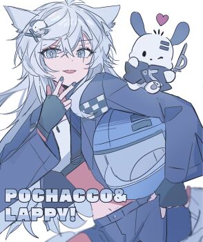 1girl ;) animal_ears animal_hands arknights bandeau black_coat black_gloves black_jacket black_nails black_shorts character_hair_ornament character_name coat commentary cosplay crossed_bangs dog_ears dog_paws fingerless_gloves gloves grey_bandeau grey_eyes grey_hair grey_tail hair_between_eyes hair_ornament hairclip hand_up heart helmet highres holding holding_sword holding_unworn_helmet holding_weapon jacket lappland_(arknights) lappland_(arknights)_(cosplay) long_hair long_sleeves looking_at_viewer messy_hair midriff motorcycle_helmet nail_polish navel one_eye_closed open_clothes open_jacket open_mouth pochacco sanrio scar scar_across_eye scar_on_face seri_(vyrlw) shorts sidelocks simple_background smile sword symbol-only_commentary tail unworn_headwear unworn_helmet upper_body weapon white_background wolf_ears wolf_girl wolf_tail x_hair_ornament