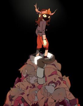 1boy 6+girls abaddon_(haunted_hotel) abaddon_(human)_(haunted_hotel) arrcticc_fish black_background brown_coat brown_hair clone coat commentary english_commentary esther_freeling fake_horns haunted_hotel highres horned_headwear horns long_hair looking_at_viewer multiple_girls pile_of_corpses red_eyes shaded_face simple_background standing