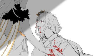 2girls asmoday_(genshin_impact) blood blood_on_face blood_on_hands blood_splatter closed_mouth commentary couple dying empty_eyes english_commentary faceless faceless_male fan_hair_ornament flower from_side fur_trim genshin_impact grey_background hair_ornament highres japanese_clothes leaning_forward long_hair looking_up lower_body makoto_(genshin_impact) multiple_girls open_mouth partially_colored purple_eyes salt66666 shade spoilers upper_body wisteria yuri