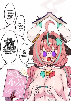 1girl absurdres ahoge animal_ears areola_slip bandaid bandaid_on_cheek bandaid_on_face blush boobs_in_book_(meme) braid breasts convenient_arm convenient_censoring cow_ears cow_horns drooling english_text flying_sweatdrops genshin_impact green_hair hair_ornament hairband highres horns long_hair mamaprofennn meme mouth_drool multicolored_hair nervous_smile nervous_sweating nude open_mouth pink_hair purple_eyes simple_background smile solo_focus stutter sweat twin_braids two-tone_hair upper_body varesa_(genshin_impact) very_long_hair you're_doing_it_wrong