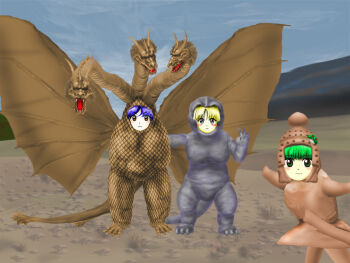 baby_godzilla blonde_hair blue_hair blush_stickers commentary_request cosplay daimajin godzilla godzilla_(cosplay) green_eyes green_hair kams king_ghidorah king_ghidorah_(cosplay) kochiya_sanae moriya_suwako orange_eyes toho_(movie_company) touhou v yasaka_kanako zun_(style)