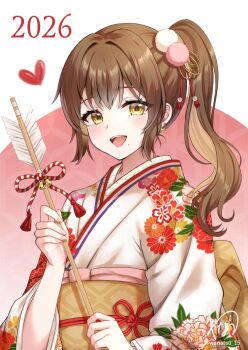 Rule 34 | 1girl, 2026, :d, arrow (projectile), bell, brown eyes, brown hair, commentary request, floral print, hamaya, heart, holding, holding arrow, japanese clothes, jingle bell, kimono, long hair, looking at viewer, mole, mole under eye, nail polish, obi, open mouth, original, pink nails, ponytail, print kimono, sash, signature, smile, solo, twitter username, upper body, wanatsu 15, white kimono