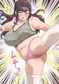 1girl belly black_eyes black_hair blush breasts electricity female_pubic_hair grey_sports_bra heart kicking large_breasts leg_up long_hair mole mole_on_thigh motion_lines navel open_mouth original panties pink_panties plump pubic_hair pubic_hair_peek ryokucha_michi smile solo sound_effects sports_bra thighhighs underwear white_thighhighs