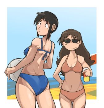 2girls ass azumanga_daiou beach bikini black_hair blue_bikini border breasts brown_hair can commentary english_commentary holding holding_can kurosawa_minamo laddday long_hair long_sidelocks looking_at_viewer mature_female medium_breasts multiple_girls navel outdoors pink_bikini short_hair sidelocks smirk standing sunglasses swimsuit tanizaki_yukari volleyball white_border