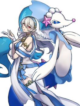 Rule 34 | 1girl, ass, blue eyes, blue hair, breasts, commentary request, dress, female corrin (adrift) (fire emblem), female corrin (fire emblem), fire emblem, fire emblem fates, fire emblem heroes, gen 7 pokemon, grey hair, hand on own chest, highres, long hair, medium breasts, nintendo, official alternate costume, pointy ears, pokemon, pokemon (creature), primarina, red eyes, sea lion, single-shoulder dress, snout, solo, white background, white dress, zuzu (ywpd8853)