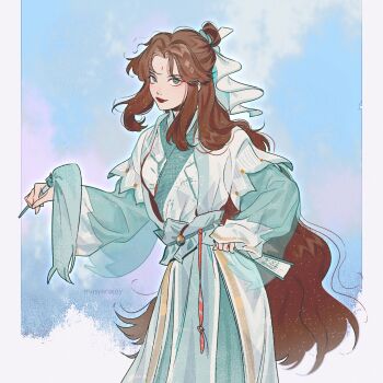 1girl aqua_hanfu bindi blue_sky brown_hair chinese_clothes cowboy_shot day eyeliner folding_fan genderswap genderswap_(mtf) green_eyes green_sash green_trim hair_bun hair_ribbon hand_fan hand_on_own_hip hanfu highres holding holding_fan hossu layered_sleeves long_hair long_sleeves looking_at_viewer makeup masyanajoy outdoors parted_bangs pillarboxed red_eyeliner red_lips ribbon sash shi_qingxuan short_over_long_sleeves short_sleeves sidelocks single_hair_bun sky smile solo sparkle tianguan_cifu two-tone_hanfu wavy_hair wide_sleeves
