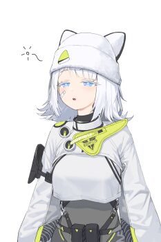 1girl absurdres animal_ear_headwear arknights arknights:_endfield bandaid bandaid_on_face black_bodysuit blue_eyes bodysuit cropped_shirt estella_(arknights) fake_animal_ears grey_background hat highres medium_hair parted_lips pouch shirt shrug_(clothing) siguya simple_background solo squeans upper_body white_hair white_hat white_shirt white_shrug