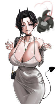 Rule 34 | 1girl, absurdres, biting own lip, black choker, black hair, blurry, blurry foreground, breasts, choker, cleavage, clenched teeth, collarbone, commentary request, cross-shaped pupils, demon girl, demon horns, demon tail, dongtan dress, dress, earrings, grey dress, grey eyes, grey shrug, highres, horns, huge breasts, jewelry, korean commentary, looking at viewer, mole, mole on breast, necklace, off shoulder, original, rhlatm, short hair, shrug (clothing), simple background, single bare shoulder, sleeves past wrists, sweat, symbol-shaped pupils, tail, taut clothes, taut dress, teeth, tight clothes, tight dress, white background