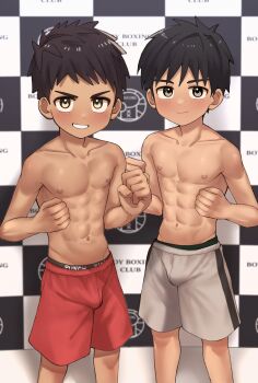 2boys :d abs absurdres artist_request black_eyes black_hair blush bulge child clenched_teet closed_mouth colored_skin highres kai ko_moreb looking_at_viewer male_focus male_underwear male_underwear_peek multiple_boys muscular muscular_child n.e.k.o n.e.k.o_(the_four_seasons_of_farewells) navel nipples no_shirt open_mouth pants red_pants shorts smile standing toned toned_male topless_male underwear underwear_peek white_pants white_skin yellow_eyes yoichi_yukimura