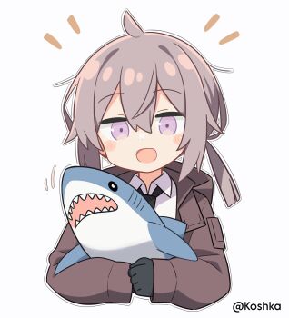 1girl ahoge black_gloves black_necktie blush_stickers brown_hair brown_jacket chibi collared_shirt commentary cropped_torso girls&#039;_frontline gloves hair_between_eyes highres hugging_object ikea_shark jacket koshka_pic long_sleeves looking_at_viewer m200_(girls&#039;_frontline) necktie notice_lines open_mouth purple_eyes shirt sidelocks simple_background solo stuffed_animal stuffed_shark stuffed_toy twitter_username white_background white_shirt