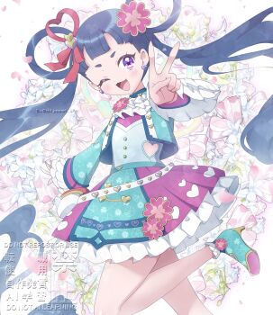 1girl ;d ascot blue_jacket blue_skirt blunt_bangs chii_(chi_pppuri) commentary_request detached_sleeves earrings floating_hair floral_background foot_out_of_frame frilled_skirt frilled_sleeves frills heart heart_earrings high_heels highres jacket jewelry kiratto_pri_chan long_hair looking_at_viewer melpan_(pri_chan) one_eye_closed open_mouth petals pretty_series purple_eyes red_ribbon ribbon shirt skirt smile solo standing standing_on_one_leg star-shaped_pupils star_(symbol) symbol-shaped_pupils twintails v white_ascot wings