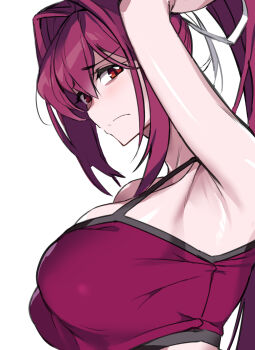 1girl arm_up armpits black_trim breasts commentary_request crop_top from_side frown hair_intakes hair_ribbon highres large_breasts light_blush long_hair looking_at_viewer ponytail purple_hair purple_tank_top raised_inner_eyebrows red_eyes ribbon simple_background solo tank_top touniyuu under_night_in-birth upper_body white_background white_ribbon yuzuriha_(under_night_in-birth)