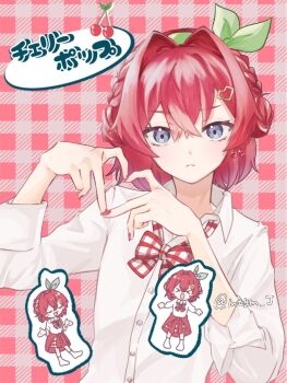 >_< 1girl ange_katrina blue_eyes bow bow_headband bowtie braid cherry_earrings cherry_pop_(vocaloid) closed_mouth clothes_around_waist collared_shirt commentary_request crossed_bangs double_bun earrings food-themed_earrings food_themed_earrings four-finger_heart_hands frown gingham_background gingham_bowtie green_bow green_headband grid_skirt hair_between_eyes hair_bun hair_intakes hair_ornament hands_up headband heart heart_hair_ornament heart_hands highres jewelry looking_at_viewer loose_bowtie medium_hair miniskirt mtym_j multiple_views nail_polish nijisanji official_alternate_costume pink_background red_bow red_bowtie red_hair red_nails red_skirt red_sweater shirt skirt sleeves_rolled_up socks sweater sweater_around_waist translation_request twitter_username upper_body variant_set virtual_youtuber white_bow white_bowtie white_shirt white_skirt white_socks