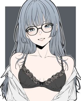 1girl bambi_surprise black_bra bra breasts commentary english_commentary glasses grey_eyes grey_hair highres long_hair looking_at_viewer medium_breasts open_clothes open_shirt original shirt signature solo underwear upper_body white_shirt