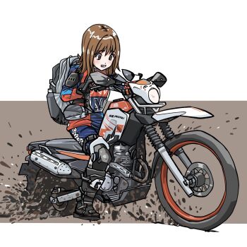 1girl backpack bag black_boots blue_pants boots brown_eyes brown_hair dirtbike highres looking_down medium_hair motor_vehicle motorcycle mud original pants red_shirt scared shin_osawa shirt solo vehicle_focus