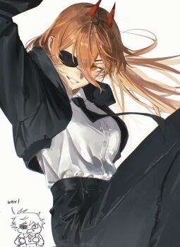1boy 1girl black_jacket black_necktie black_pants blonde_hair chainsaw_man chibi chibi_inset collared_shirt cross-shaped_pupils demon_horns denji_(chainsaw_man) eyepatch floating_hair grin hair_between_eyes highres horns jacket long_hair looking_at_viewer necktie niroxin one_eye_covered orange_eyes pants power_(chainsaw_man) red_horns sharp_teeth shirt shirt_tucked_in short_hair simple_background smile solo_focus symbol-shaped_pupils teeth white_background white_shirt