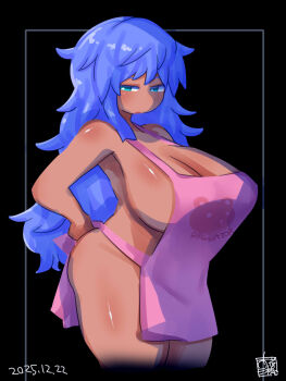 1girl apron black_background blue_eyes blue_hair breasts cleavage commentary_request cowboy_shot dark-skinned_female dark_skin dated highres huge_breasts itini-sanshi long_hair looking_at_viewer naked_apron original pink_apron shiny_skin simple_background solo