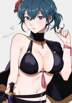 1girl alternate_hairstyle bikini black_bikini blue_eyes blue_hair breasts byleth_(fire_emblem) cleavage dagger female_byleth_(fire_emblem) female_byleth_(summer)_(fire_emblem) fire_emblem fire_emblem:_three_houses flower grey_background hair_flower hair_ornament hibiscus highres knife large_breasts looking_at_viewer nintendo official_alternate_hairstyle parted_lips ponytail red_flower shamu_(peach11_01) short_ponytail sideboob simple_background solo swimsuit upper_body weapon