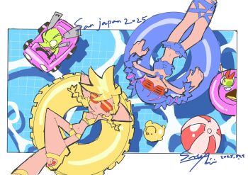 afloat ball beachball braid buoy car chuck_(psg) drink food highres motor_vehicle official_art ontama outdoors panty_&amp;_stocking_with_garterbelt panty_(psg) pool red_nails relaxing rubber_duck see-through_(psg) stocking_(psg) sunglasses sweets twin_braids water