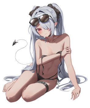 1girl absurdres barefoot bikini black_bikini black_ribbon blue_archive blush breasts closed_mouth commentary dark-skinned_female dark_skin demon_girl demon_tail eyewear_on_head grey_hair hair_over_one_eye hair_ribbon highres ichinisan326 iori_(blue_archive) iori_(swimsuit)_(blue_archive) long_hair looking_at_viewer official_alternate_costume open_clothes pointy_ears red_eyes ribbon small_breasts solo sunglasses swimsuit tail twintails untied_bikini very_long_hair