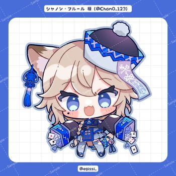 1girl :3 :d animal_ear_fluff animal_ears black_shirt blue_border blue_eyes blue_outline blue_shoes blue_skirt blue_thighhighs blush_stickers border brown_hair cat_ears cat_girl cat_tail character_name chibi chibi_only commentary_request copyright_request egissi fang full_body grid_background hat highres long_hair long_sleeves looking_at_viewer open_mouth outline sample_watermark shanon_fleur shirt shoes skirt sleeves_past_fingers sleeves_past_wrists smile solo standing tail thighhighs torn_clothes torn_thighhighs twitter_username watermark watermark_grid white_background white_hat
